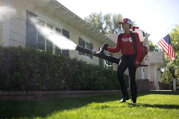 Women tech spraying front yard of home